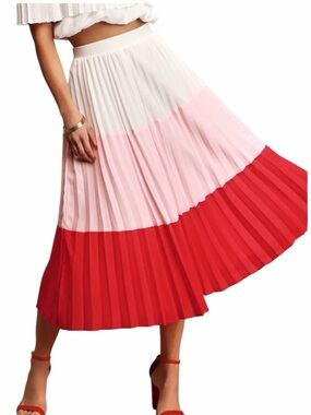 Lulus Colorblock Pleated Midi Skirt - Red, Pink & White Size Medium. NWT